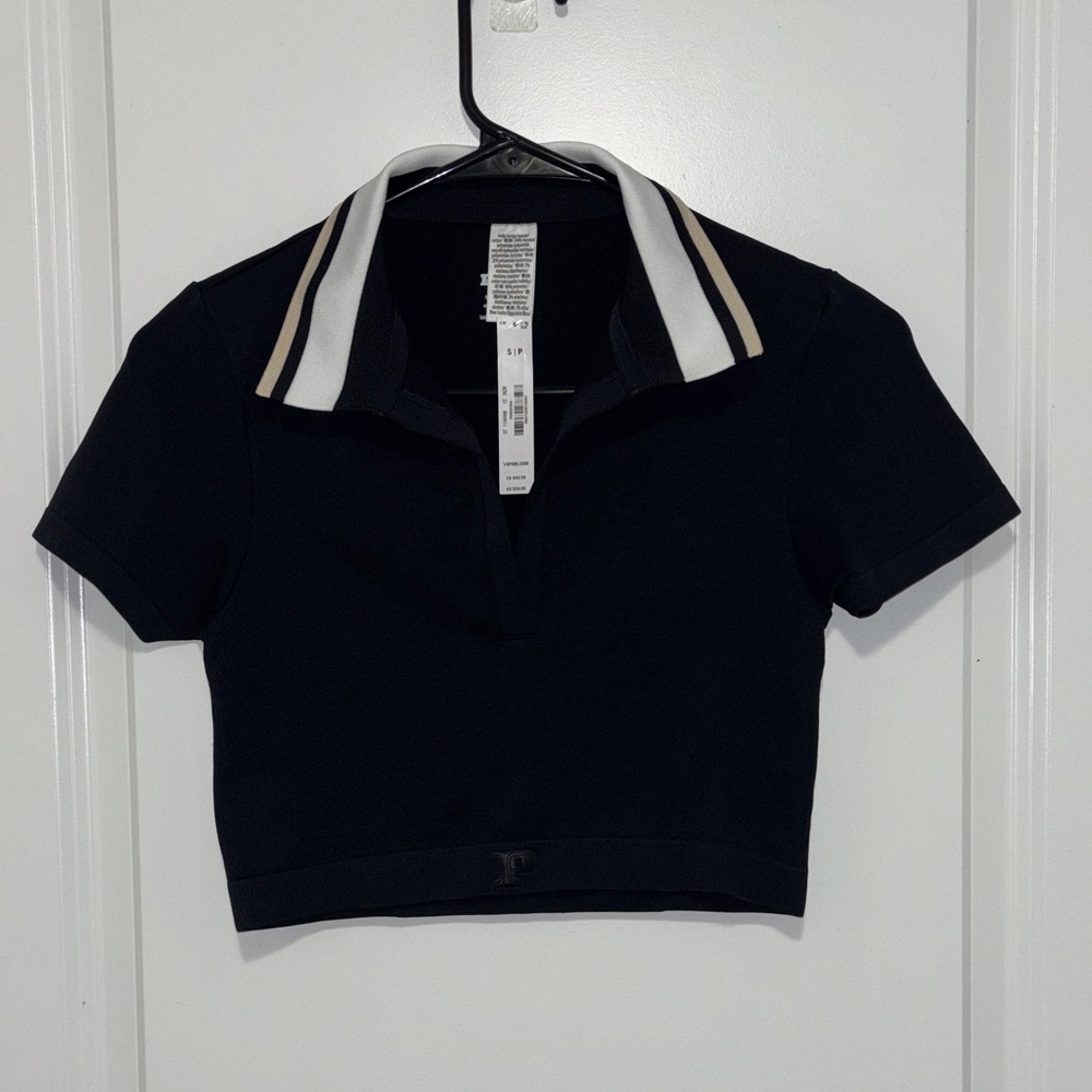 PINK Victoria's Secret Black Cropped Polo with White and Tan Collar Stripes